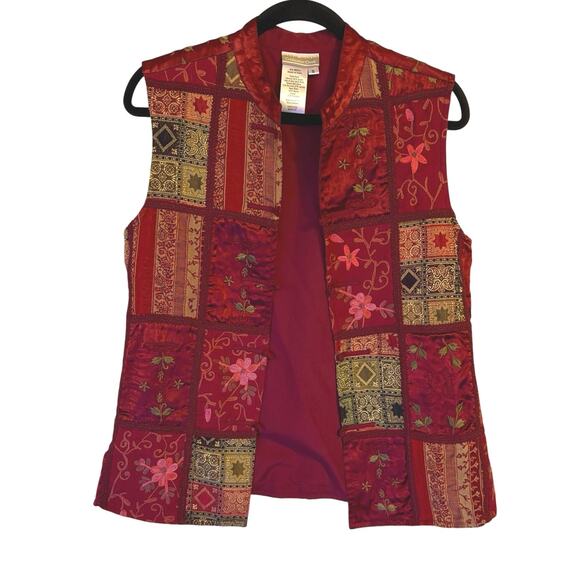 Patchwork Sleeveless Vest Asian Inspired Bohemian Red Artsy Romantic Small - Picture 1 of 8
